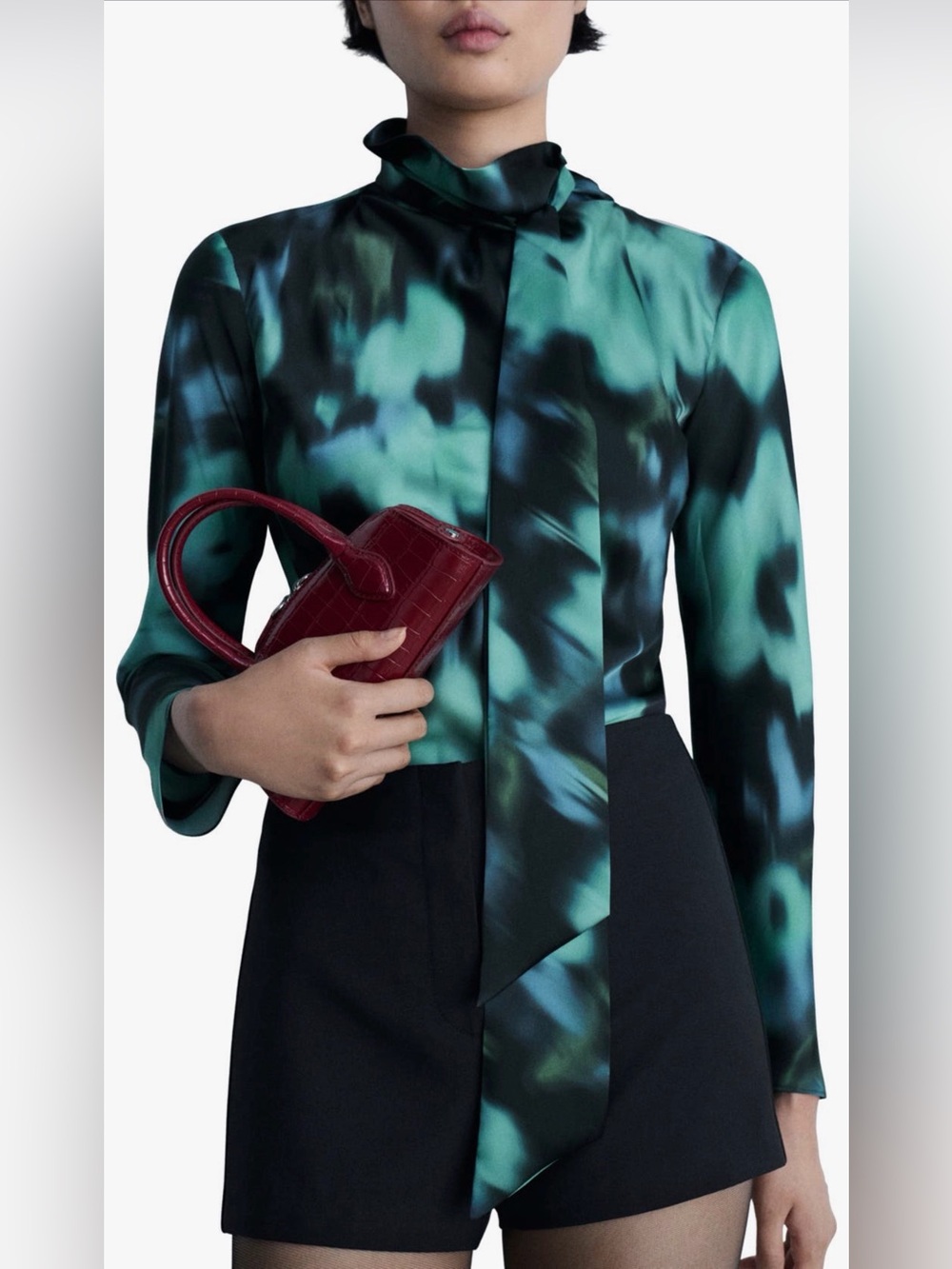 MANGO Abstract Print Tie Neck Long Sleeve Top